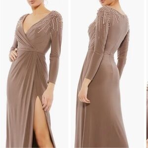 ▶️ Mac Duggal ◀️ Long Sleeve Faux Wrap Jersey Gown Brown Pearl 55715 Size 18
